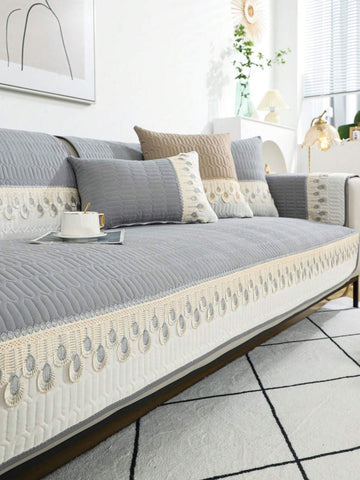 1pc Feather Embroidery Quilted Couch Cover, Sofa Couch Cover, Feather Embroidered Quilted Detail Sofa Towel,Backrest And Armrest Not Included