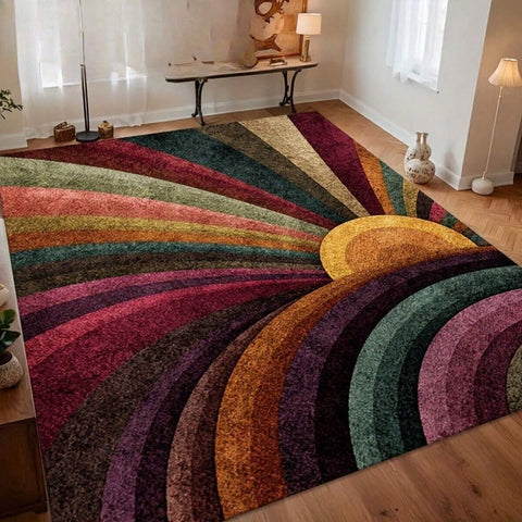 Retro Bohemian-Style Sun Radiating Pattern Flannel Material Area Rug,Door Mats, Outdoor Carpet , Comfortable Home Decor Mat, Non-Slip Rubber Bottom,Suitable For Shopping Centers Game RoomLiving RoomsBedroomsOffices Camping Rug