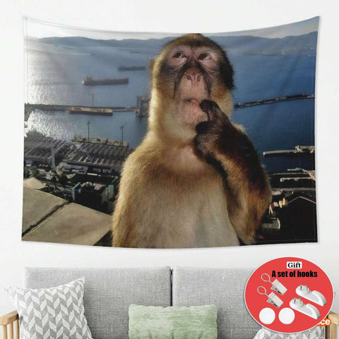 Funny Thinking Monkey Tapestry Wall Hanging 50x60 In, Curious Monkey Meme Art Fabric Poster, Humorous Animal Wall Decor For Bedroom, Dorm Room, College Room, Apartment, Living Room, Gaming Room, Study Room, Party Room, Teen Room, Fun Home Decor Gift