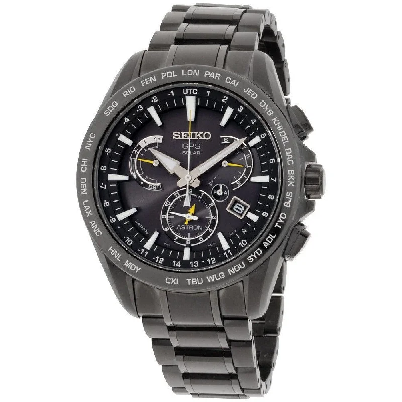 Seiko Men's SSE079 Astron GPS Solar Chronograph World Time Black Stainless Steel Watch