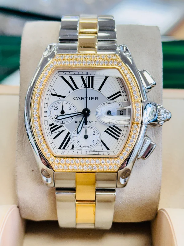 Cartier Roadster W62027Z1 / 2618 Chronograph XL Two-Tone Yellow Gold Roman Dial Custom Yellow gold Diamond Bezel MINT