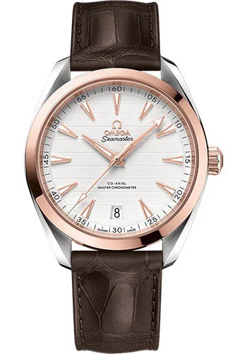 Omega Aqua Terra 150M Co-Axial Master Chronometer Watch - 41 mm Steel And Sedna Gold Case - Silvery Dial - Brown Leather Strap - 220.23.41.21.02.001