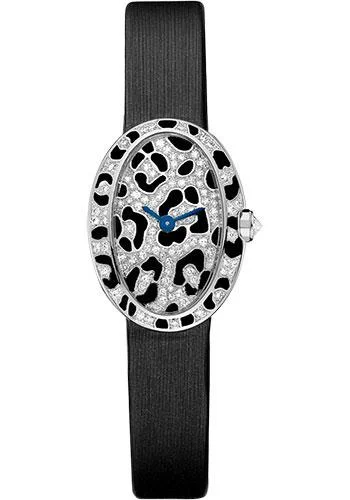 Cartier Mini Baignoire Panther Spots Watch - White Gold Diamond Case - Diamond Dial - Dark Gray Fabric Strap - HPI00703