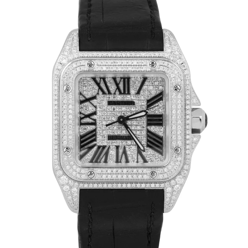 Cartier Santos 100 33mm PAVE DIAMOND Stainless Steel Roman Leather 2878 Watch