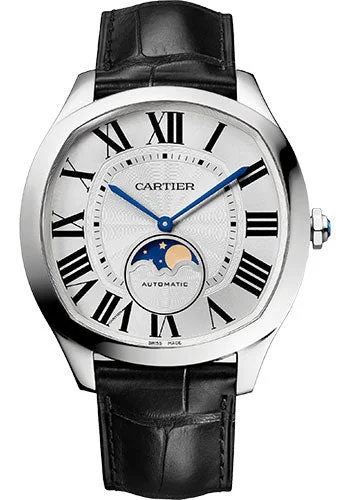 Cartier Drive de Cartier Moon Phases Watch - 40 mm x 41 mm Steel Case - Silvered Dial - Black Alligator Strap - WSNM0017