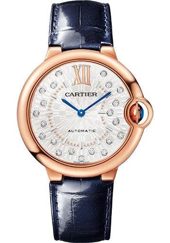 Cartier Ballon Bleu de Cartier Watch - 36 mm Rose Gold Case - Matt Silvered Stamped Sunray Diamond Dial - Blue Leather Strap - WGBB0053