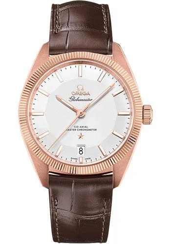 Omega Constellation Globemaster Co-Axial Master Chronometer Watch - 39 mm Sedna Gold Case - Fluted Bezel - Silvery Dial - Brown Leather Strap - 130.53.39.21.02.001