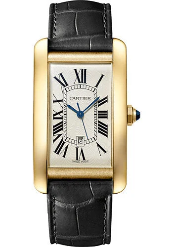 Cartier Tank AmŽricaine Watch - 45.10 mm x 26.60 mm Yellow Gold Case - Silver Dial - Black Leather Strap - WGTA0041