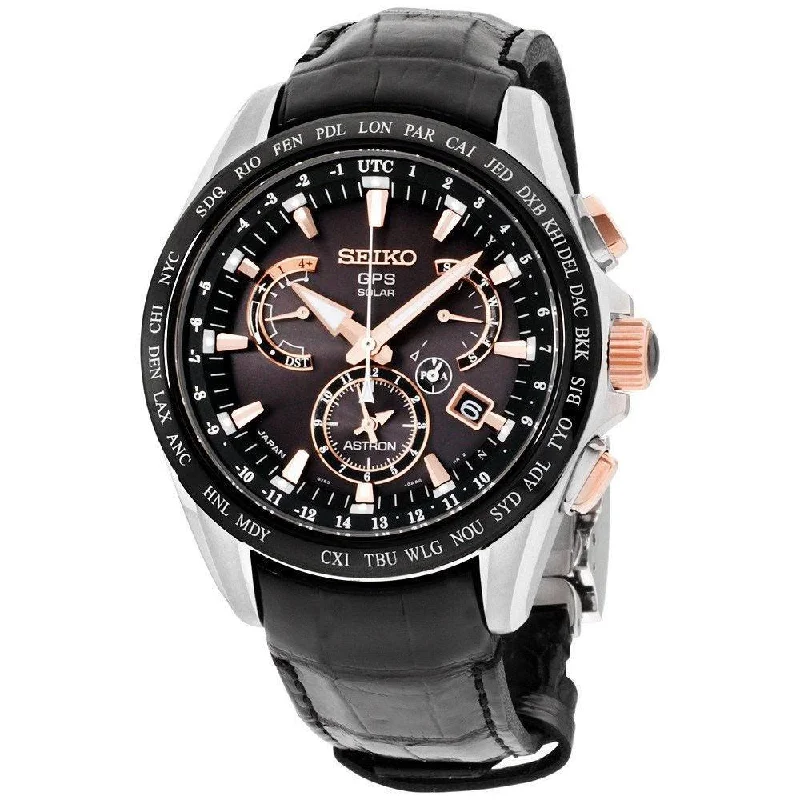 Seiko Men's SSE061 Astron GPS Solar Chronograph World Time Black Leather Watch