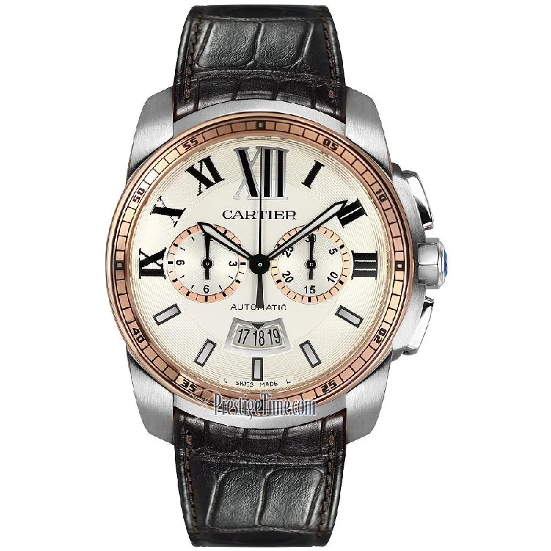 Cartier Men's W7100043 Calibre de Cartier 18kt Pink Gold Chronograph Automatic Brown Leather Watch