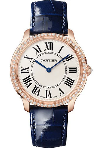 Cartier Ronde Louis Cartier Watch - 36 mm Rose Gold Diamond Case - Sandblasted Beige Dial - Navy Blue Varnished Alligator Strap - WJRN0010