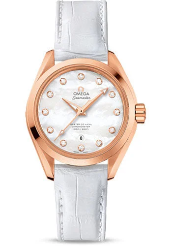 Omega Seamaster Aqua Terra 150 M Master Co-Axial Watch - 34 mm Sedna Gold Case - Mother-Of-Pearl Diamond Dial - White Leather Strap - 231.53.34.20.55.001