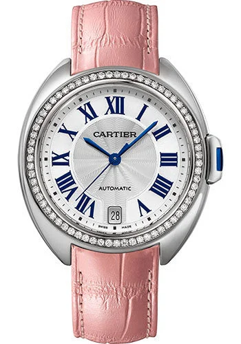 Cartier ClŽ de Cartier Watch - 35 mm Steel Case - 67 Diamond Bezel - Silvered Sunray Effect Dial - Pink Alligator Strap - W4CL0006