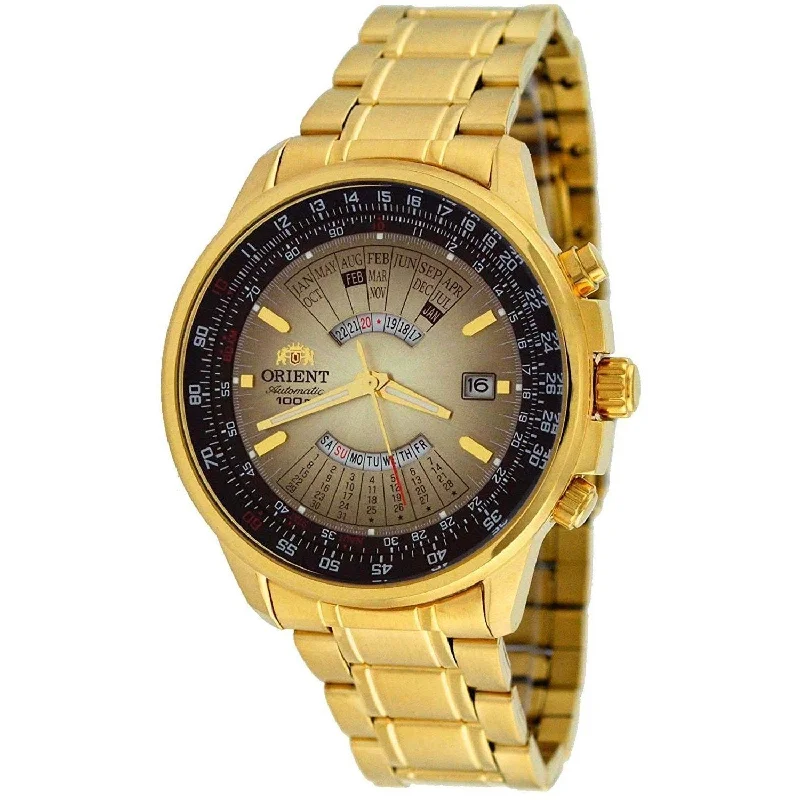 Orient Men's FEU07004UX Perpetual Calendar World Time Automatic Gold-Tone Stainless Steel Watch