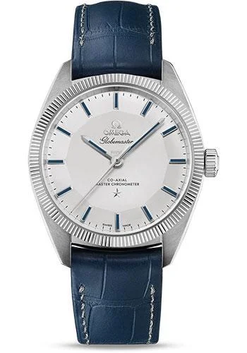 Omega Constellation Globemaster Co-Axial Master Chronometer Limited Edition of 352 Watch - 39 mm 950 Platinum Case - Fluted Bezel - Grey Dial - Blue Leather Strap - 130.93.39.21.99.001