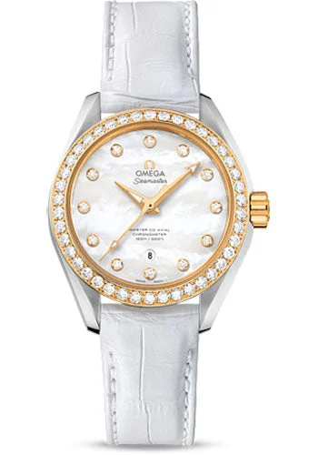 Omega Seamaster Aqua Terra 150 M Master Co-Axial Watch - 34 mm Steel Case - Yellow Gold Bezel - Mother-Of-Pearl Diamond Dial - White Leather Strap - 231.28.34.20.55.004