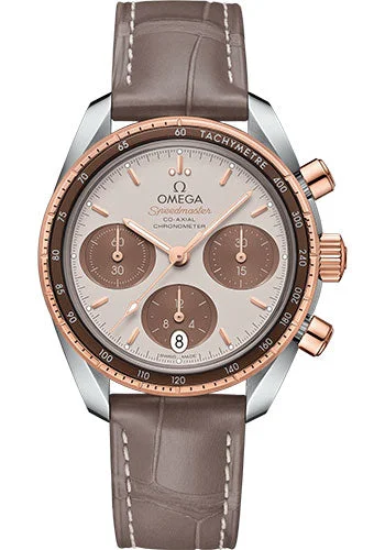 Omega Speedmaster 38 Co-Axial Chronograph Watch - 38 mm Steel And Sedna Gold Case - Cappuccino Dial - Taupe-Brown Leather Strap - 324.23.38.50.02.002