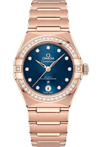 Omega Constellation Manhattan Co-Axial Master Chronometer Watch - 29 mm Sedna Gold Case - Diamond-Paved Bezel - Blue Diamond Dial - 131.55.29.20.53.001