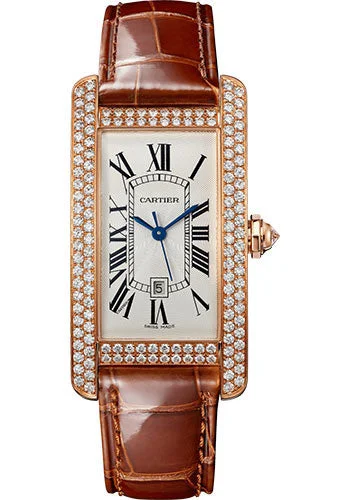 Cartier Tank AmŽricaine Watch - 41.60 mm x 22.60 mm Rose Gold Case - Silver Dial - Black Leather Strap - WJTA0030