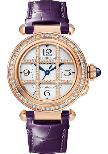 Cartier Pasha de Cartier Watch - 35 mm Rose Gold Case - Opaline Dial - Blue Leather Strap and Second Purple Alligator Leather Strap - WJPA0020