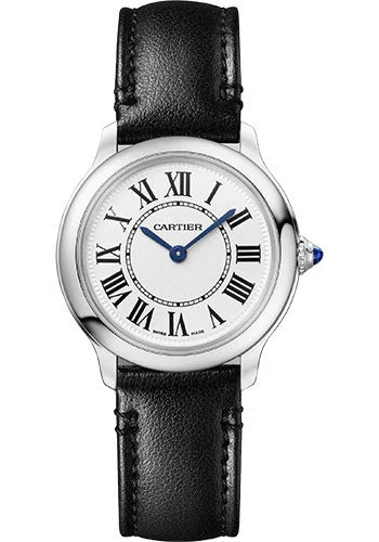 Cartier Ronde Must de Cartier Watch - 29 mm Steel Case - Sandblasted Silvered Dial - Black Strap - WSRN0030