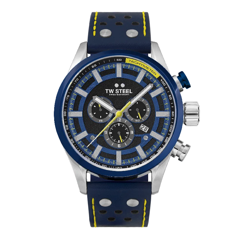 TW Steel Watch Men's Swiss Volante Chronograph Fast Lane Yellow Blue SVS208