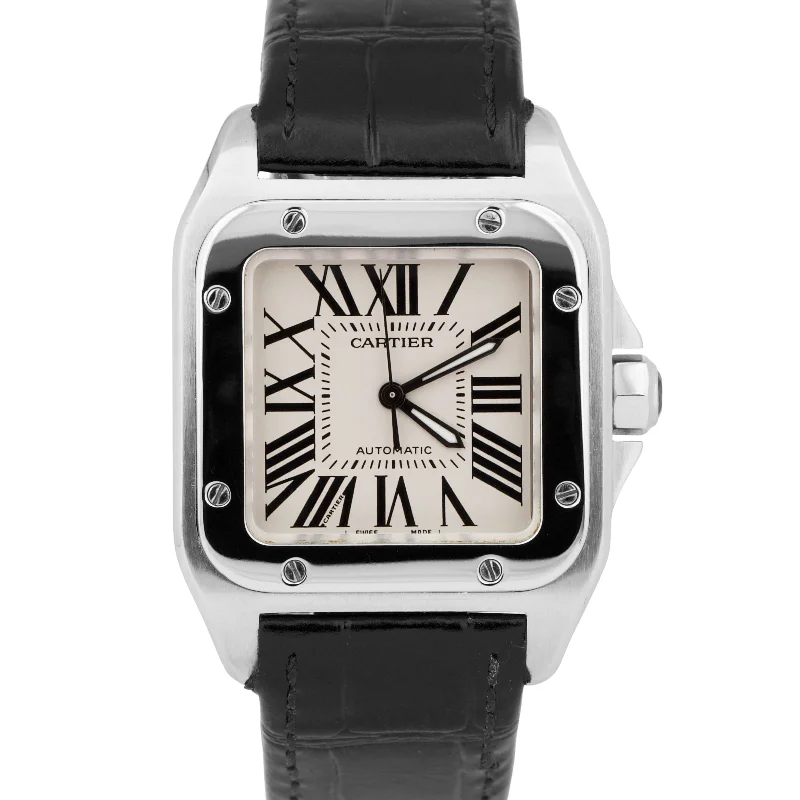 Cartier Santos 100 33mm IVORY Stainless Steel Roman Leather 2878 W20126X8 Watch