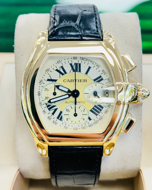 Cartier Roadster XL 2619 Chronograph 18k Yellow Gold On Leather Men's Watch MINT