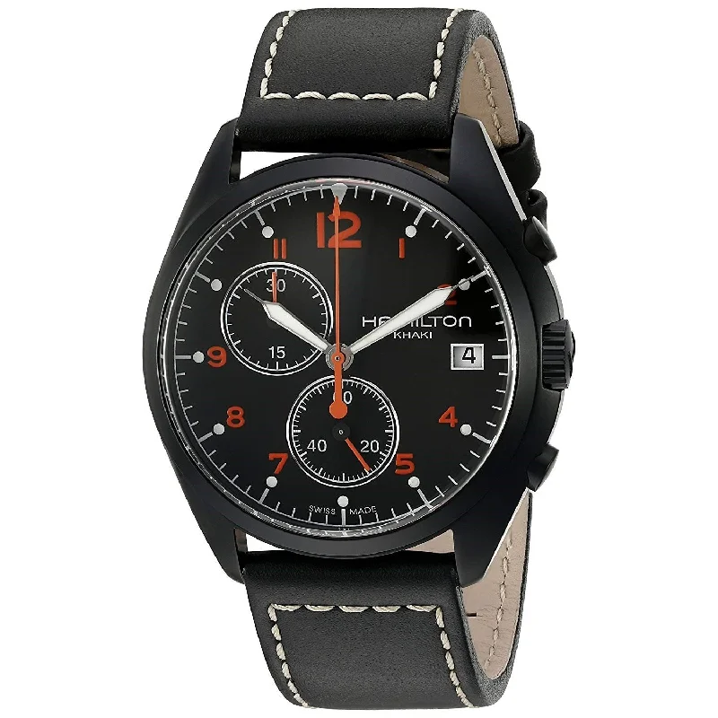 Hamilton Men's H76582733 Pilot Pioneer Chronograph Black Leather Watch