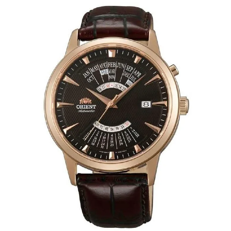 Orient Men's FEU0A001TH Perpetual Calendar GMT World Time Brown Leather Watch