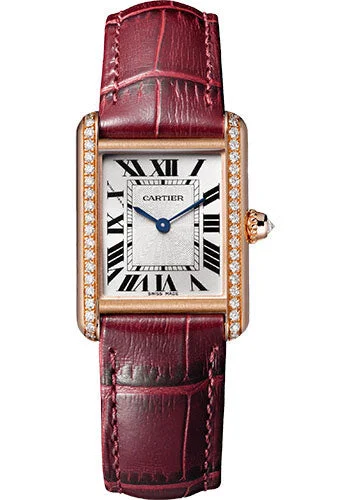 Cartier Tank Louis Cartier Watch - 29.5 mm x 22.0 mm Rose Gold Diamond Case - Silver-Grained Dial - Claret Alligator Strap - WJTA0037