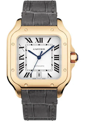 Cartier Santos de Cartier Watch - 39.8 mm Pink Gold Case - Silvered Dial - Alligator And Calfskin Strap - WGSA0019